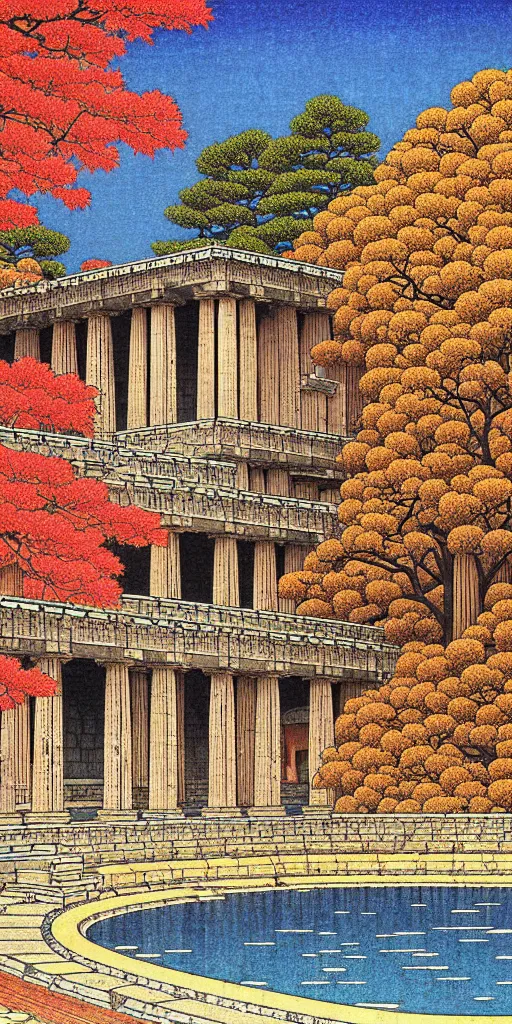 Prompt: a beautiful ancient greek bathhouse in the autumn by hasui kawase