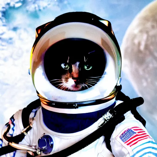 Image similar to a portrait of a cat behind the space suit helmet