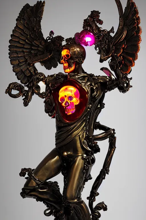 Image similar to a young handsome Spanish metal android with a large glowing pink lit crystal in the center of his chest, full-body bronze cyberpunk style statue of Icarus with glowing red eyes, crown of mechanical peach roses, flowing teal-colored silk, fabric, steampunk flowers. baroque elements, human skull. full-length view. baroque element. intricate artwork by caravaggio. many flying horses on background. Trending on artstation, octane render, cinematic lighting from the right, hyper realism, octane render, 8k, depth of field, 3D