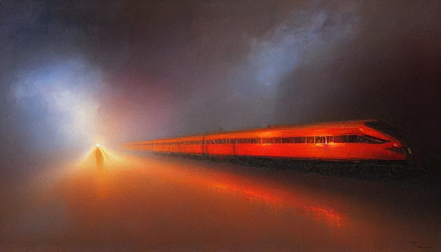 Image similar to a train driving through a psychedelic tunnel, by ivan aivazovski,