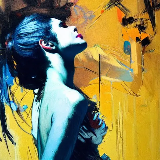 Image similar to portrait of beautiful girl sensual dancing, ecstatic, wonderful techno party, shades of blue, utopia, by by greg rutkowski, by jeremy mann, by francoise nielly, by vincent van gogh