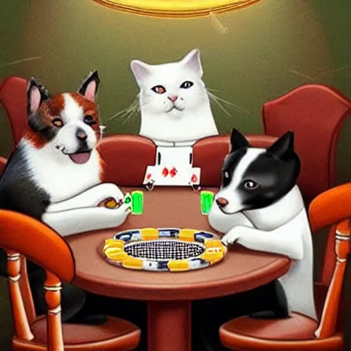 Prompt: two dogs and a cat playing poker at night, burgers everywhere