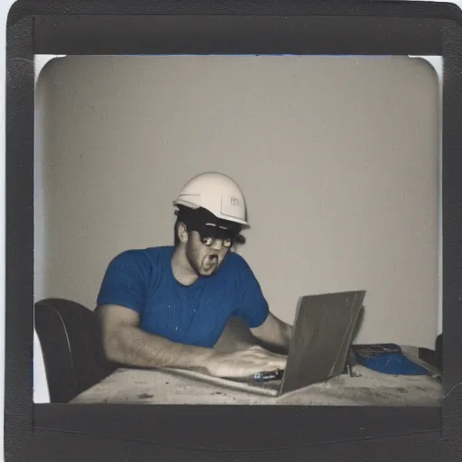 Image similar to a polaroid photo of man using a laptop inside in warehouse, he sitting on chair and small table, he's wearing blue cloth and construction hat, behind him is a very scary monster watching him work, photo from behind, highly details, perfect face shape, cinematic lighting,