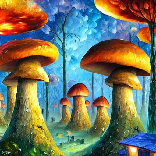 Prompt: glowing mushroom houses in a forest village, art by ricardo bofill, james christensen, rob gonsalves, paul lehr, leonid afremov and tim white