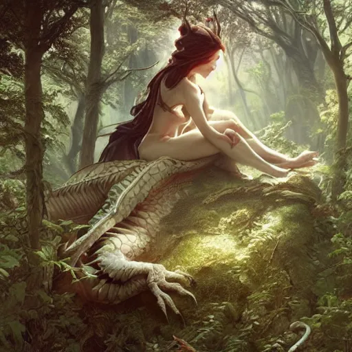 Image similar to a dragon sleeping in a forest, ultra realistic, concept art, intricate details, eerie, highly detailed, photorealistic, octane render, 8 k, unreal engine. art by artgerm and greg rutkowski and charlie bowater and magali villeneuve and alphonse mucha