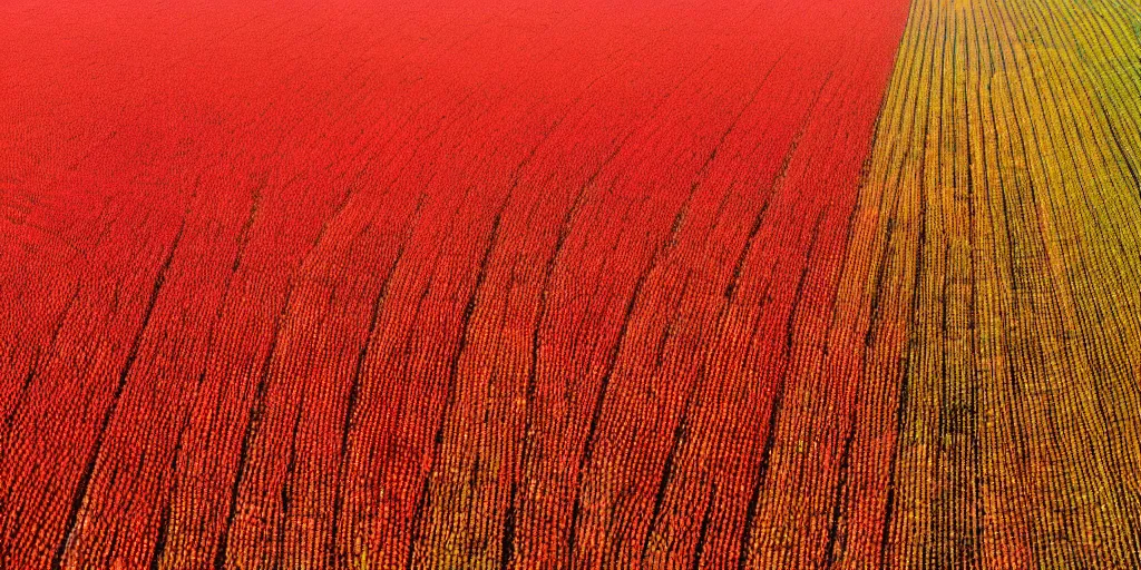 Prompt: Aerial view of red harvester harvesting ripe corn field, wide angle photo, photo realistic image, 4K, golden hour look