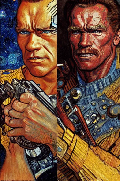 Image similar to character art the contra, bill rizer, arnold schwarzenegger, by karol bak, jean deville, gustav klimt, and vincent van gogh