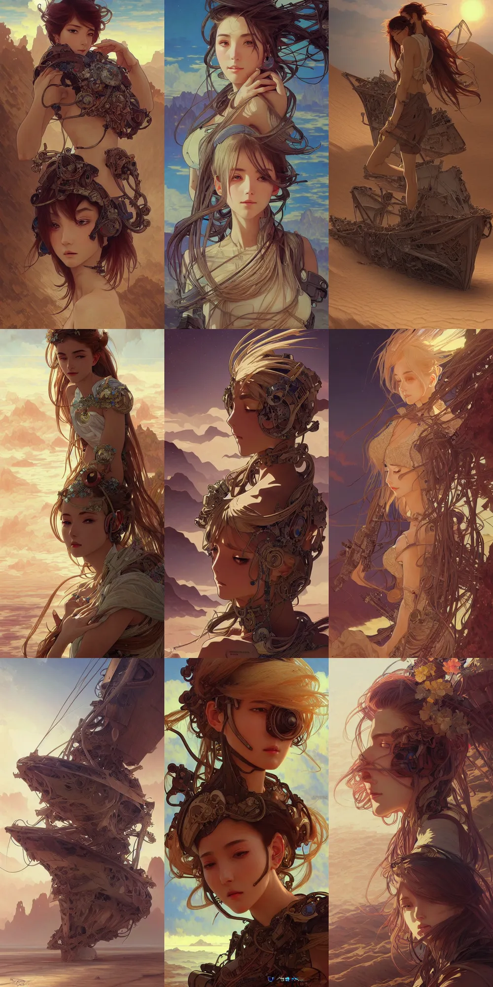 Prompt: ultra realistic beautiful cargo ship wrecked in desert techno art, beautiful alluring anime teen, sci - fi, fantasy, intricate, elegant, highly detailed, digital painting, artstation, concept art, smooth, sharp focus, illustration, in style of artgerm and alphonse mucha and tian zi and craig mullins