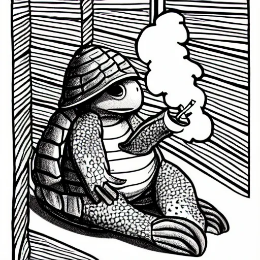 Image similar to storybook illustration of a turtle smoking a cigarette, storybook illustration, monochromatic, black and white