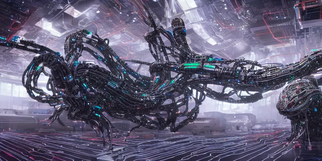 Image similar to a sentient cybernetic basilisk connected to multiple fiber optic data cables, sci-fi, extremely detailed, 8k UHD