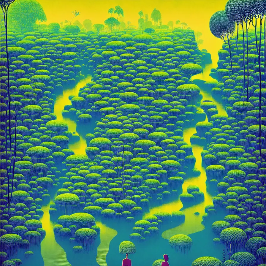 Image similar to surreal gediminas pranckevicius, river flow through borneo jungle, summer morning, very coherent and colorful high contrast art by james gilleard james gurney floralpunk screen printing woodblock, pointillism, dark shadows, pastel color, hard lighting, stippled light, art nouveau, film noir