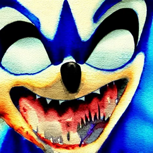 Prompt: a terrifying watercolor sonic the hedgehog, teeth fangs horror creepypasta