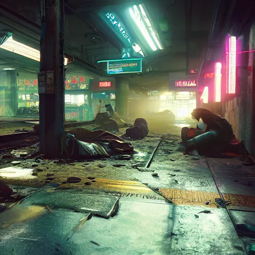 Image similar to abandoned subway homeless slum low light. Cyberpunk 2077. CP2077. 3840 x 2160