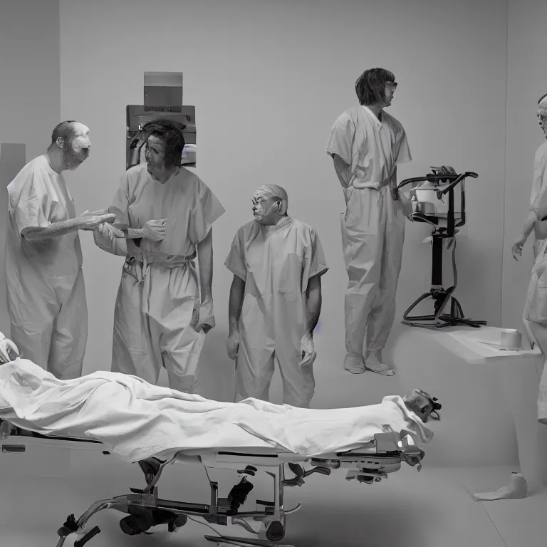 Prompt: male prisoner operating table theatre cage surgeons ron mueck and duane hanson and lee bontecou and giacometti greig fraser dune canon eos r 3 dramtic lighting cinematic lighting