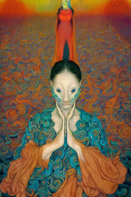 Image similar to portrait of a woman programming the samsara holy cluster, fine portrait, concept art, stunning, visionary, hyper realistic, beautiful, digital painting, wow, by brecht evens, by jean delville, in the style of francis bacon, by victo ngai