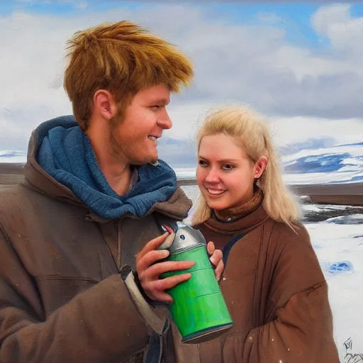 Image similar to a highly detailed painting of a young couple holding a tin can, remote icelandic village, blonde hair, trending on artstation,