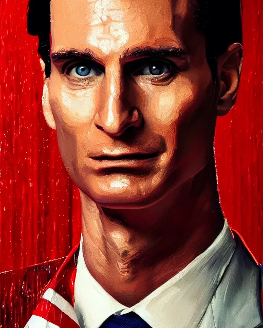Image similar to oil painting portrait of patrick bateman, serbian flag background, cinematic lighting, high production value, intricate details, high resolution, hdr, high definition, masterpiece, realistic, ultrarealistic, highly detailed, hd, sharp focus, non blurry, sharp, smooth
