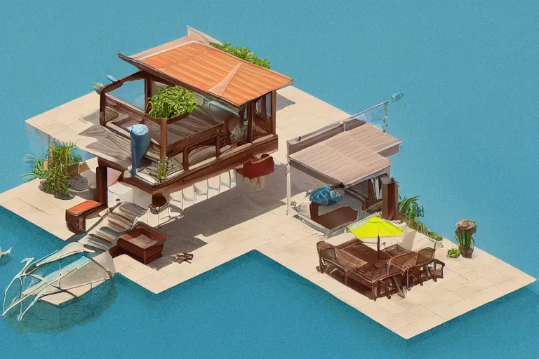 Image similar to a villa with a balcony beside the sea, umbrella, table, juice and liquid, recliner, isometric art, bright, artstation, highly detailed, cinematic lighting + masterpiece