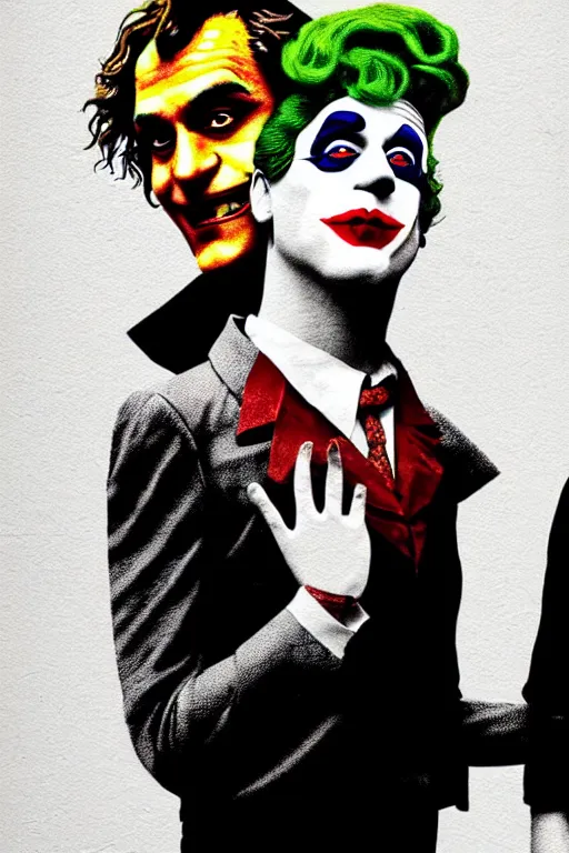 Image similar to ilya yefimovich repin and mimmo rottela and banksy as joaquin phoenix skinny joker, holding hand, lady gaga harley queen, ultra photorealistic, intricate details, pop art style, concept art, confident posse, random object details, 3 colours, warm color, 4 k, ultra smooth, sharp focus