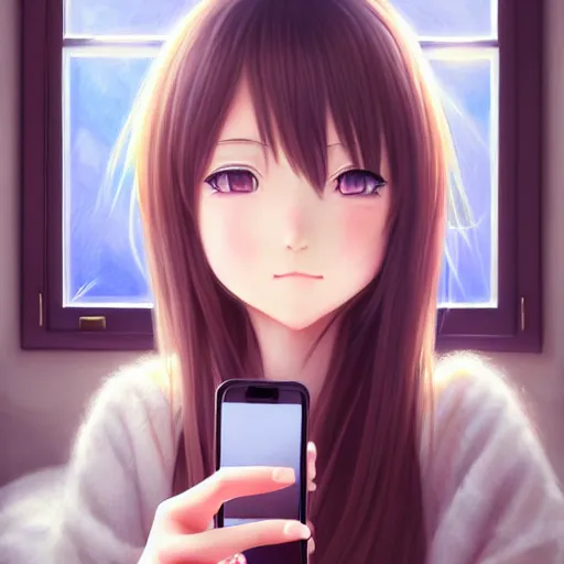 Prompt: beautiful serene intricate very detailed portrait of a realistic anime girl taking a selfie, smiling softly, wearing casual clothes, relaxing on the couch, interior lighting, cozy living room interior, soft focus, 8 k, art by irakli nadar, hyperrealism, hyperdetailed, ultra realistic