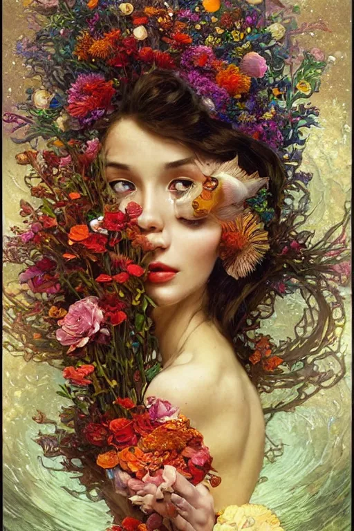 Prompt: portrait of a beautiful mysterious woman holding a bouquet of flowing flowers, hands hidden under the bouquet, submerged underwater filled with colorful small fish and coral reef, fantasy, regal, intricate, by stanley artgerm lau, greg rutkowski, thomas kindkade, alphonse mucha, loish, norman rockwell