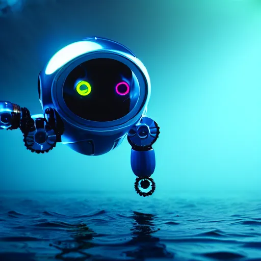 Prompt: a cute little robot under water. super realistic 8 k render of a dark hooded powerful elegant, cinematic composition