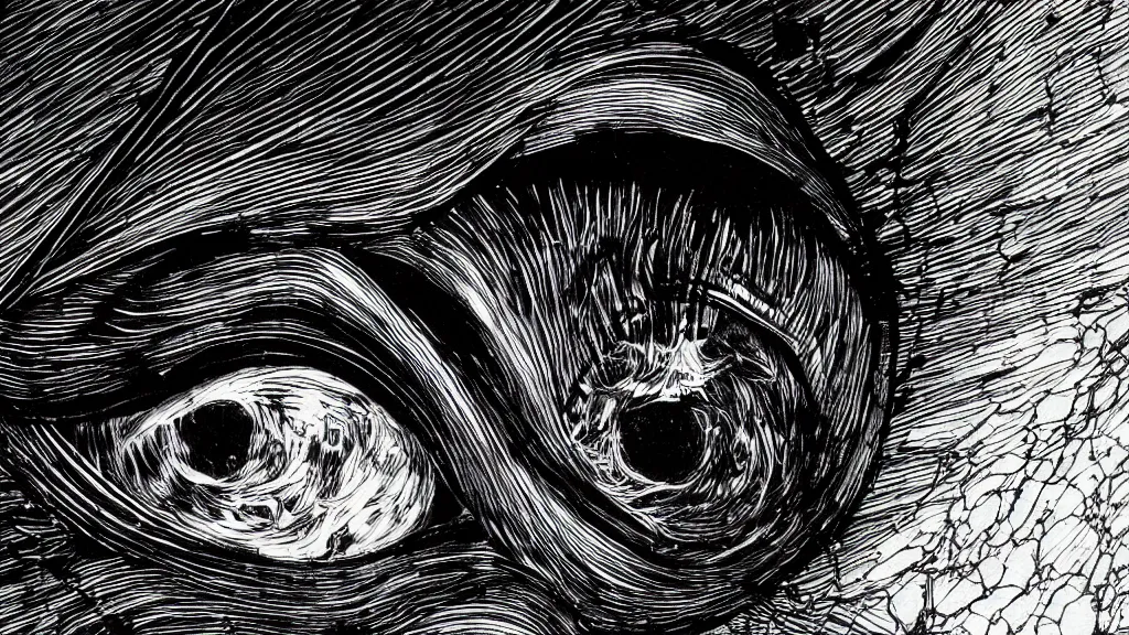 Prompt: eye of the storm, style of Giger, H. R. GIGER, style of Junji Ito, 4K, highly detailed, minimalistic, minimalistic, minimalistic, fine tuned, machina