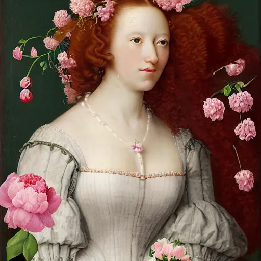 Prompt: Dutch style Renaissance studio portrait of a beautiful, young woman with rosy cheeks, luscious, voluminous, curly red hair adorned with many pink and white flowers, cherry blossoms, peonies, white roses, baby's breath flowers, wearing a medieval style lace dress, against a sea green textured backdrop, in the style of Paolo Roversi