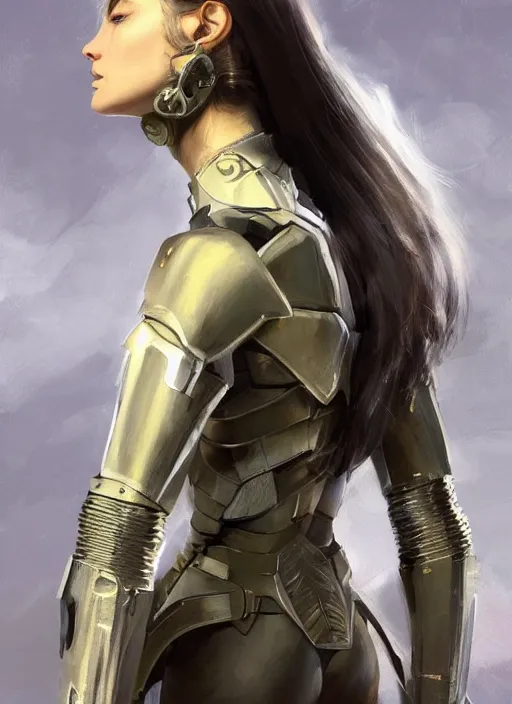 Image similar to a professional painting of a beautiful young female, clothed in stealthy military armor, olive skin, long dark hair, beautiful bone structure, symmetrical facial features, intricate, elegant, digital painting, concept art, smooth, sharp focus, illustration, from Metal Gear, by Ruan Jia and Mandy Jurgens and Artgerm and William-Adolphe Bouguerea