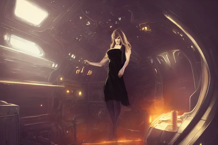 Prompt: a woman in a black dress and thigh highs in a steampunk spaceship, digital art, beautiful lighting, by greg rutkowski, by dan mumford, octane render, composition, beautiful face, expressive oil painting, steampunk, 4 k