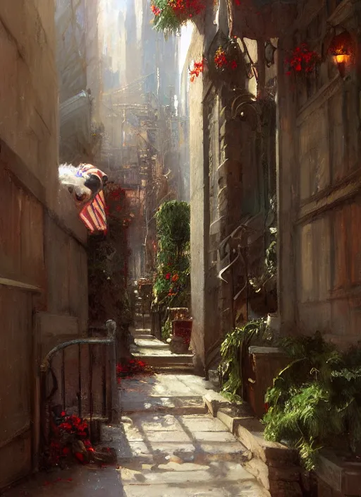 Prompt: new york apartment entrance, wreath on door, artwork by gaston bussiere, craig mullins, trending on artstation