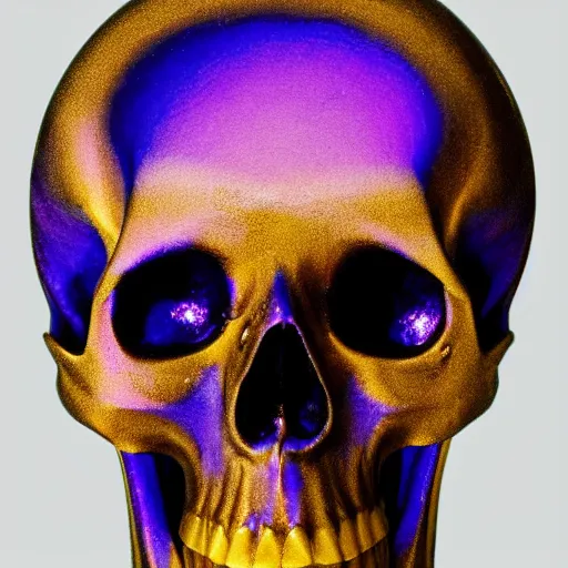 Prompt: an iridescent icon of a skull with purple diamond eyes