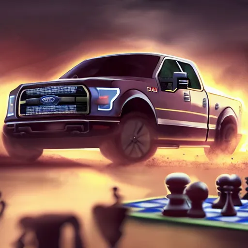 Image similar to A Ford F-150 with big muscles playing chess against the grim reaper, cinematic, artstation, high definition