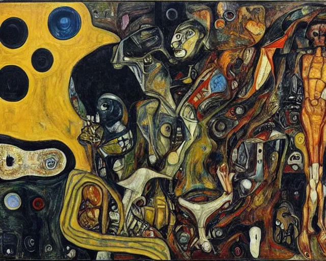 Image similar to a painting of a aliens and robots by graham sutherland, egon schiele, gustav klimt, guernica, expressionism