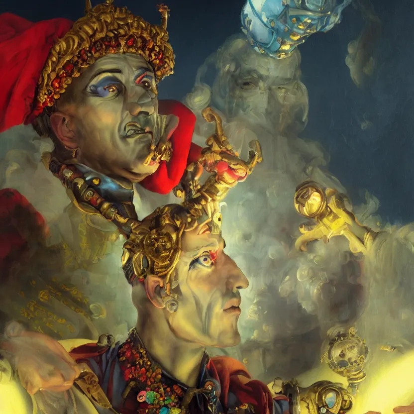 Prompt: a baroque neoclassicist close - up portrait of a colorful retrofuturistic jester, glowing circus tent and fog in the background. renaissance portrait painting. highly detailed science fiction painting by norman rockwell, frank frazetta, and syd mead. rich colors, high contrast, gloomy atmosphere, dark background. trending on artstation