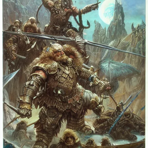 Image similar to art by donato giancola and bayard wu and gustav moreau and wayne barlowe, a fantasy cinematic shot of a dwarf berserker, fighting, warhammer, dnd, fighting monsters,