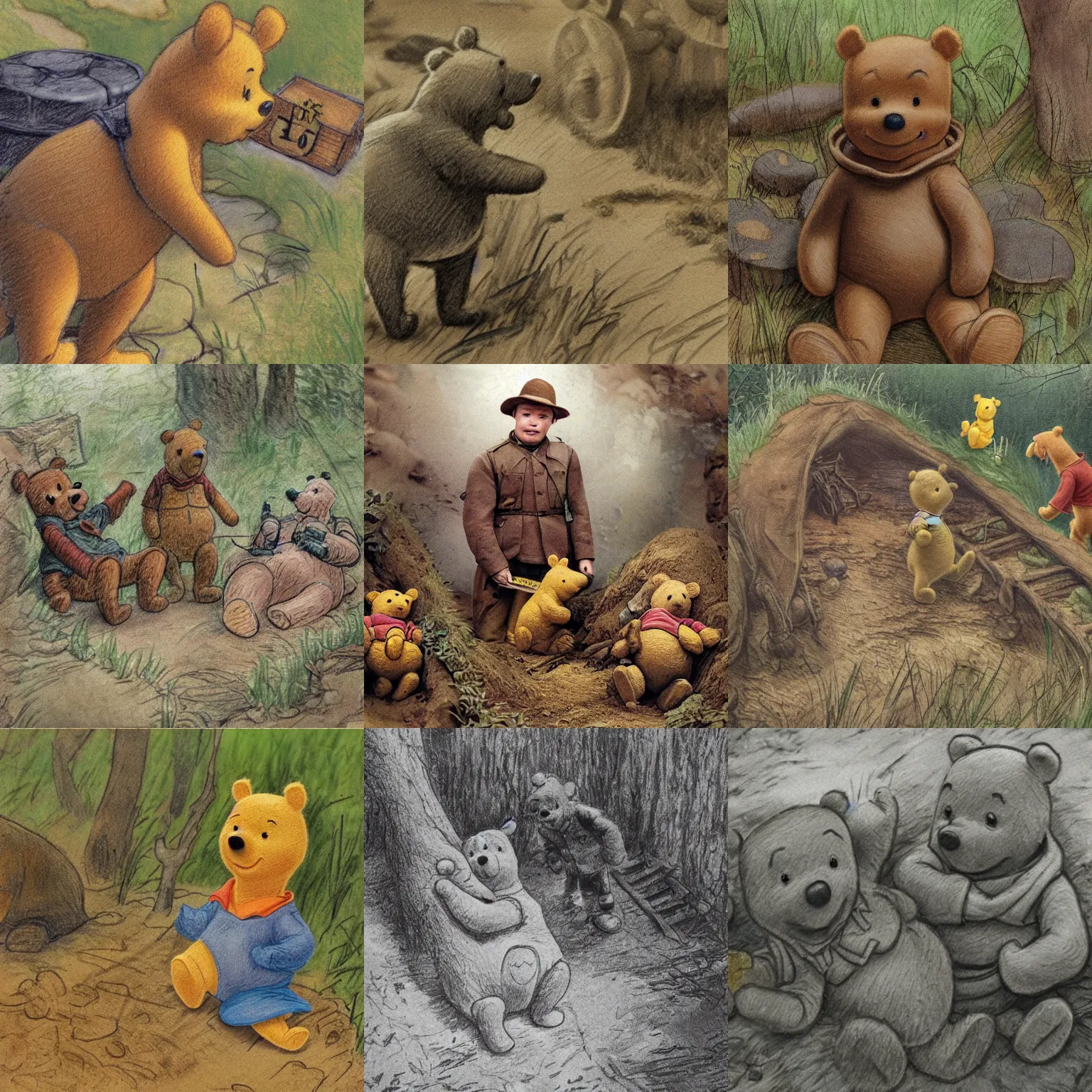 Prompt: detailed realistic photo Winnie-the-Pooh in the trench of civil war