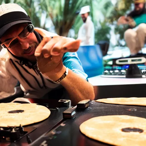 Prompt: a disc jockey is scratching with an Israeli pita bread on a turntable, wide shot