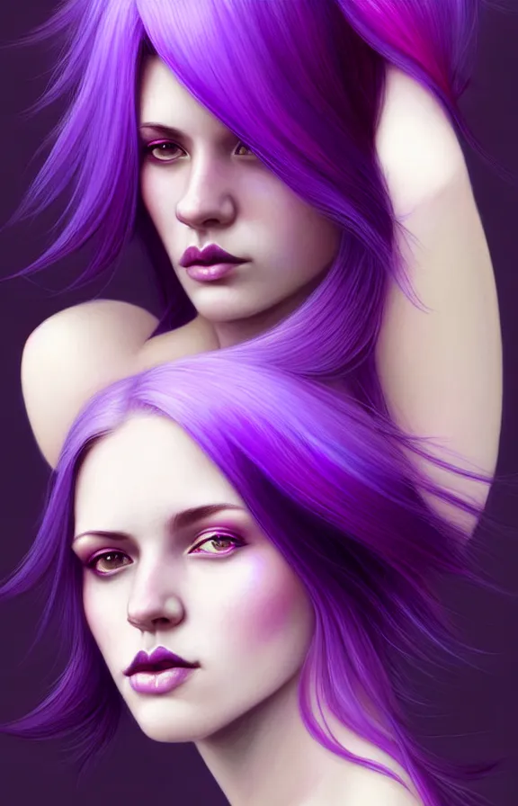 Image similar to Purple hair relistic Portrait of a woman with bright colored flying hair, all shades of purple. Beauty face, Hair coloring, fantasy, intricate, elegant, highly detailed, photorealistic, artstation, concept art, smooth, sharp focus, illustration, art by artgerm and greg rutkowski and alphonse mucha