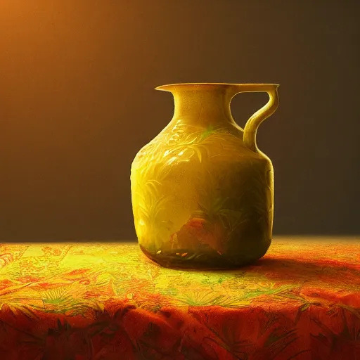 Image similar to still art, antique jug with palms inside, old candle, much vegetables, lemon, orange, pepper, cinematic light, detailed, digital art, concept art, trending on artstation, highly detailed, intricate, sharp focus, digital art, 8 k