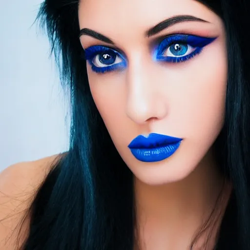 Image similar to raven haired seductive woman with stunning ocean blue eyes, black eyeshadow, long black eyelashes with a beautiful face, sharp thin nose, fair skin, soft skin, bare shoulders, luscious red lips