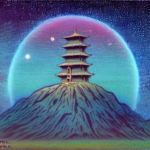 Image similar to a landscape pastel in the style of noriyoshi ohrai of an ancient holy tower, it has iridescent mana radiating from it. it is centered. the background is the starry sky at night. key art. 4 k retrofuturistic fantasy