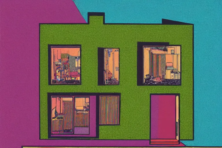Prompt: surreal glimpse into other universe, house by mies van de rohe, summer morning, very coherent and colorful high contrast, art by!!!! gediminas pranckevicius!!!!, geof darrow, floralpunk screen printing woodblock, dark shadows, hard lighting, stipple brush technique,