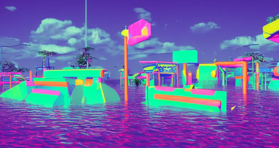 Image similar to 80s VHS vaporwave outrun 3d Render of a flooded playground, liminal space retro, grainy, noisy