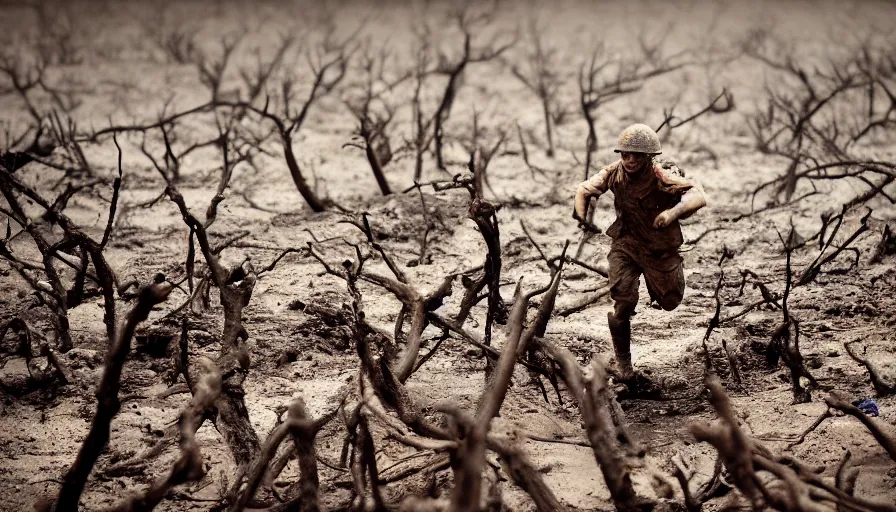 Image similar to screaming World War 1 soldier running across No Mans Land, wartorn landscape, lots of mud puddles and craters, burnt and broken trees, dirty lens, cinematic lighting, IMAX close-up cinematography, 35mm