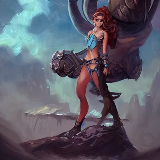 Image similar to triton girl having a great time riding on a goliath's shoulders, dnd concept art, painting by ross tran