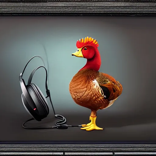 Prompt: epic cinematic hyperrealism masterpiece where a duck with a rapper rooster crest appears with headphones. realistic poster with shaded lighting by craig mallismo, artgerm, jeremy lipkin and michael garmash, unreal engine, radiant light, detailed and complex environment, digital art, art station trends