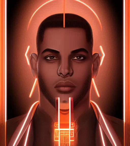 Image similar to symmetry!! egyptian prince of technology, solid cube of light, hard edges, product render retro - futuristic poster scifi, lasers and neon circuits, brown skin man egyptian prince, intricate, elegant, highly detailed, digital painting, artstation, concept art, smooth, sharp focus, illustration, dreamlike, art by artgerm