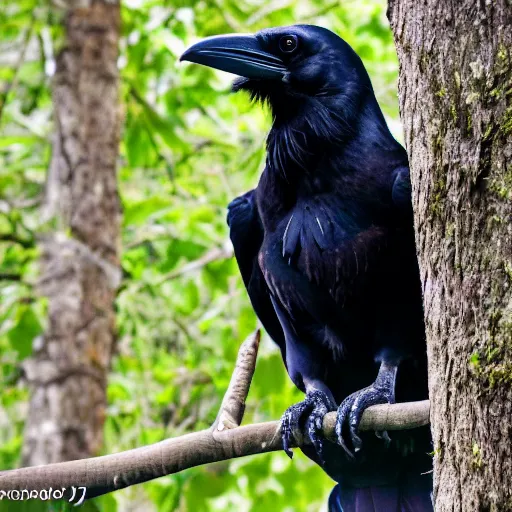 Image similar to A high quality photo of a raven perched on a tree, 4k, detailed, focus on a raven