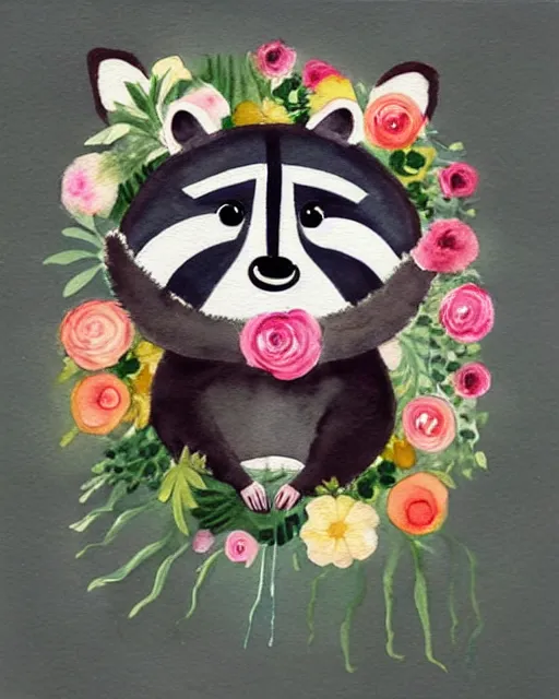 Image similar to a painting of a smiling anthropomorphic raccoon wearing a flower crown, a watercolor painting by annabel kidston, a storybook illustration, trending on pinterest, rococo, muted colors, soft colors, low saturation, smooth, made of flowers, watercolor, intricate, whimsical, white paper, minimalist, simple